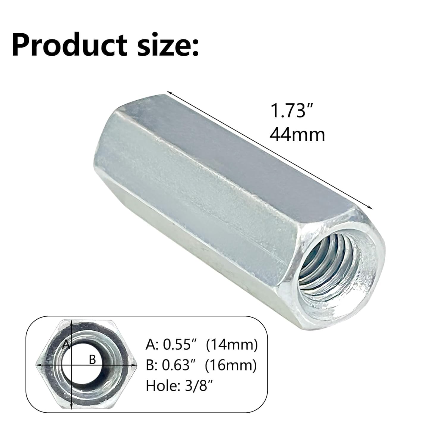 Bueyfolt Tuercas de acoplamiento, 38″-16 x 1-34″, tuercas de acoplamiento de varilla de acero galvanizado 38 pulgadas-16 TPI, paquete de 25
