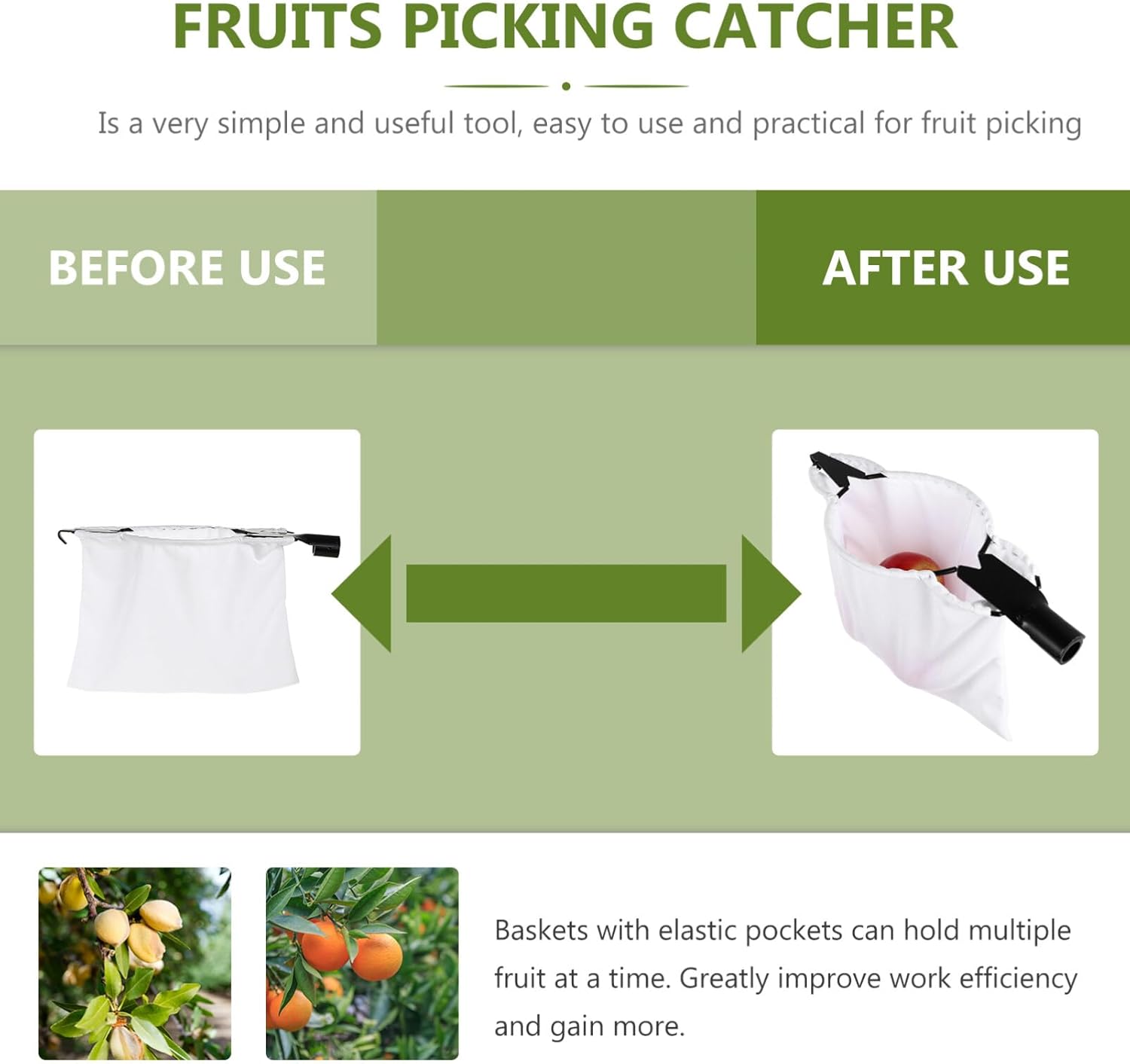 iplusmile Recolector de frutas Cosechadora de frutas Poste de recolección de frutas Herramienta de fruta de árbol de acero inoxidable Equipo de