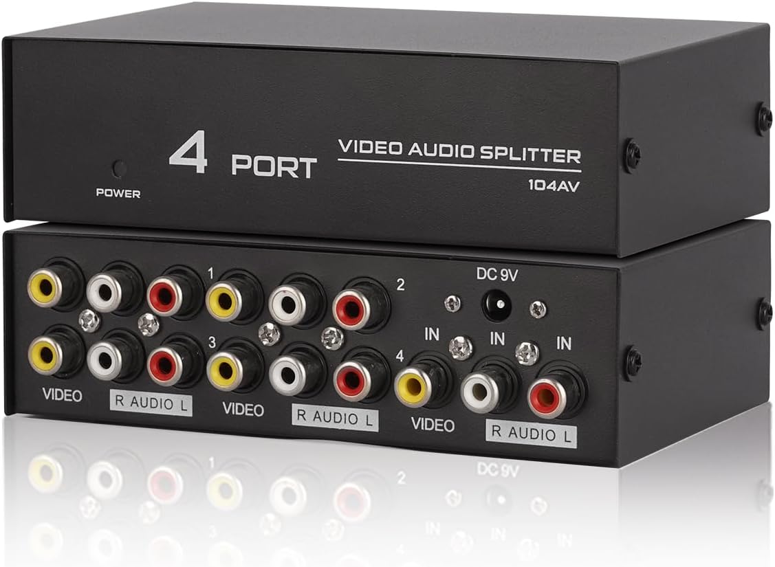 Divisor RCA de 4 vías, 1 en 4 salidas AV Splitter, Audio Compuesto Video LR Caja de distribución para DVD DVR HDTV Monitor PC