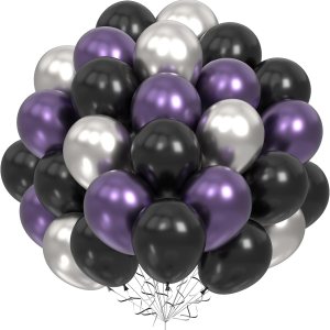 FEYG Globos de Halloween de 12 pulgadas, 40 globos de metal negro, morado, plateado, látex, decoración de fiesta de Halloween, celebración de FEYG Globos de Halloween de 12 pulgadas, 40 globos de metal negro, morado, plateado, látex, decoración de fiesta de Halloween, celebración de