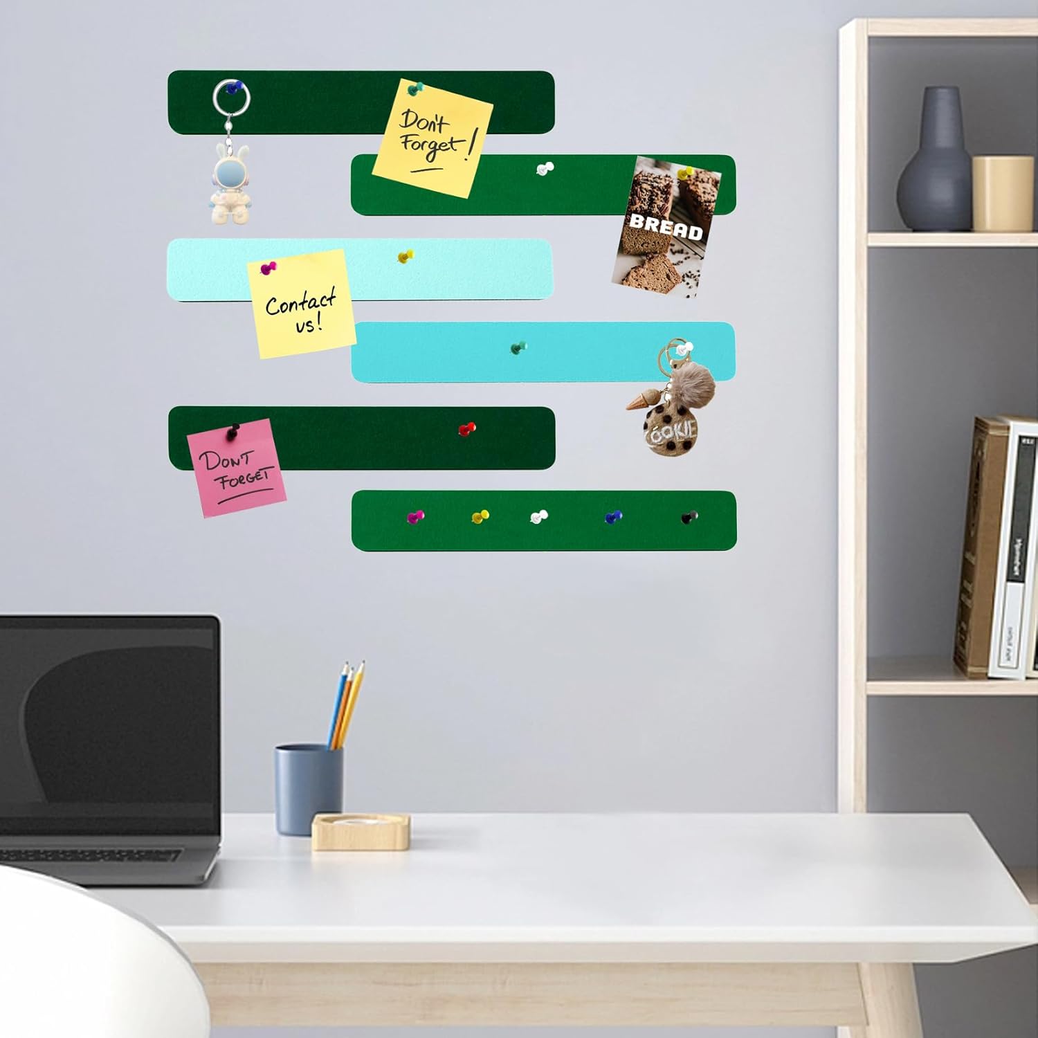 6 tiras rectangulares de corcho de fieltro con 35 alfileres, autoadhesivas, tablero de anuncios para oficina, escuela, hogar, decoración de pared,
