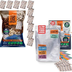 Absorbentes de oxígeno de 3000 cc (20 paquetes, sellados individualmente al vacío) y paquete de 5 galones (25 bolsas) bolsas de Mylar para Absorbentes de oxígeno de 3000 cc (20 paquetes, sellados individualmente al vacío) y paquete de 5 galones (25 bolsas) bolsas de Mylar para