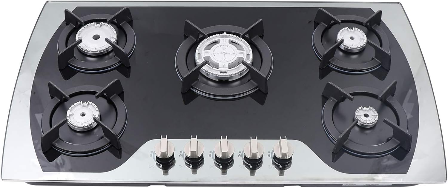 Placa de gas de 35.4 pulgadas, estufa de gas de 5 quemadores, estufas de gas convertibles GLPNG integradas con vidrio templado (35.4 pulgadas)