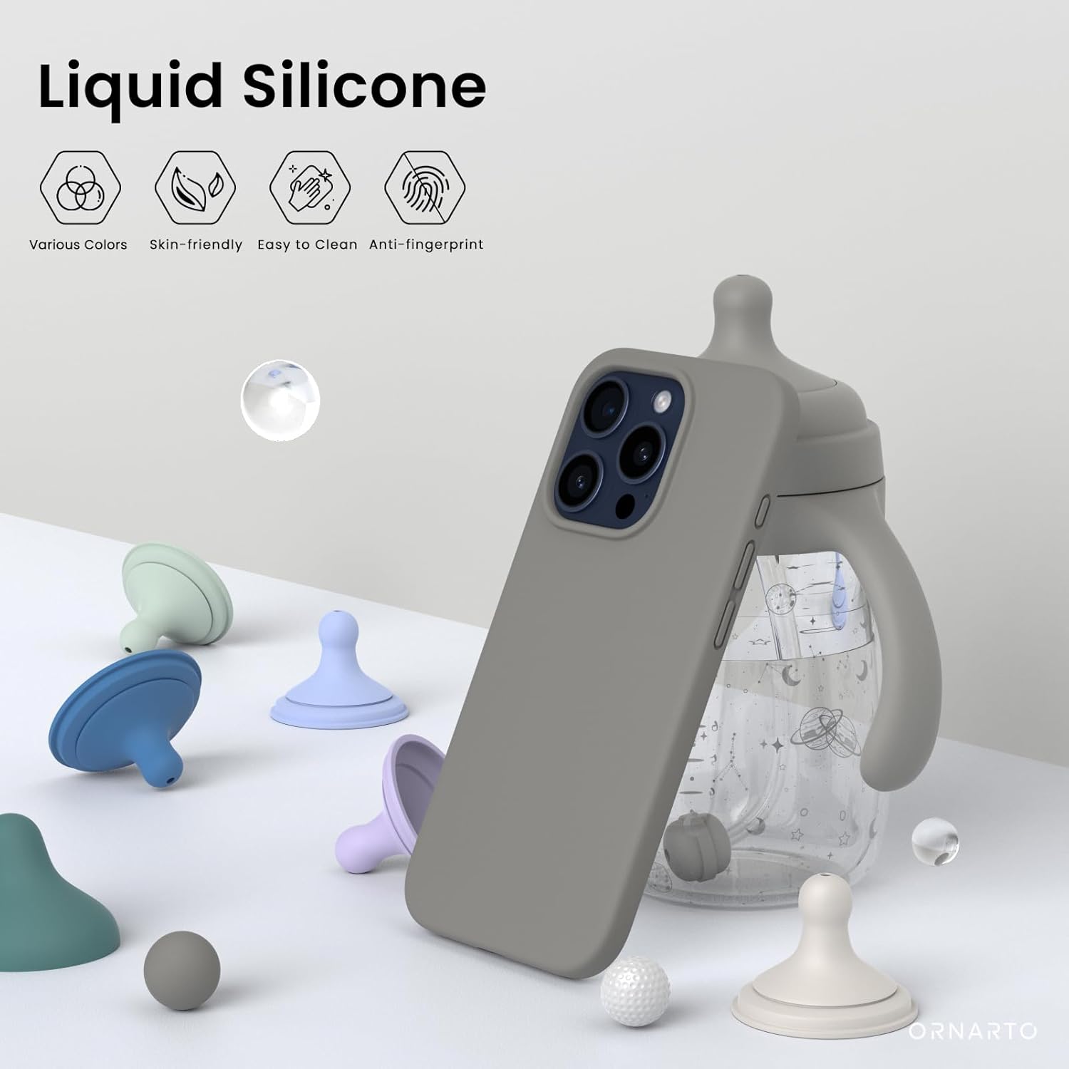 ORNARTO – Funda compatible con iPhone 15 Pro Max de 6.7 pulgadas, delgada, de silicona líquida, 3 capas, caucho en gel suave, a prueba de golpes,