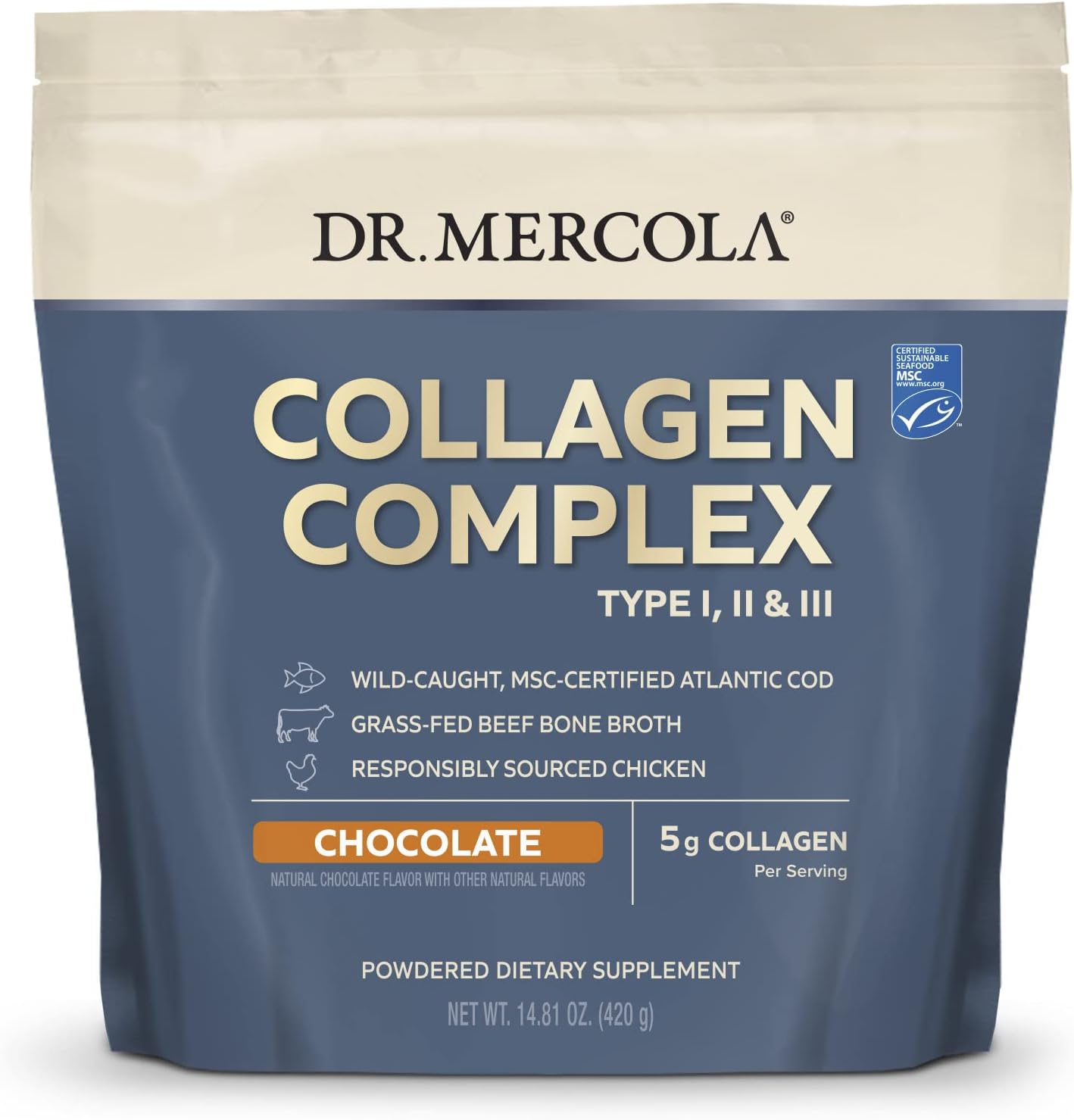 Dr. Mercola Polvo complejo de colágeno – Chocolate, 30 porciones (30 cucharadas), (14.81 onzas por bolsa), sin OMG, sin soja, sin gluten