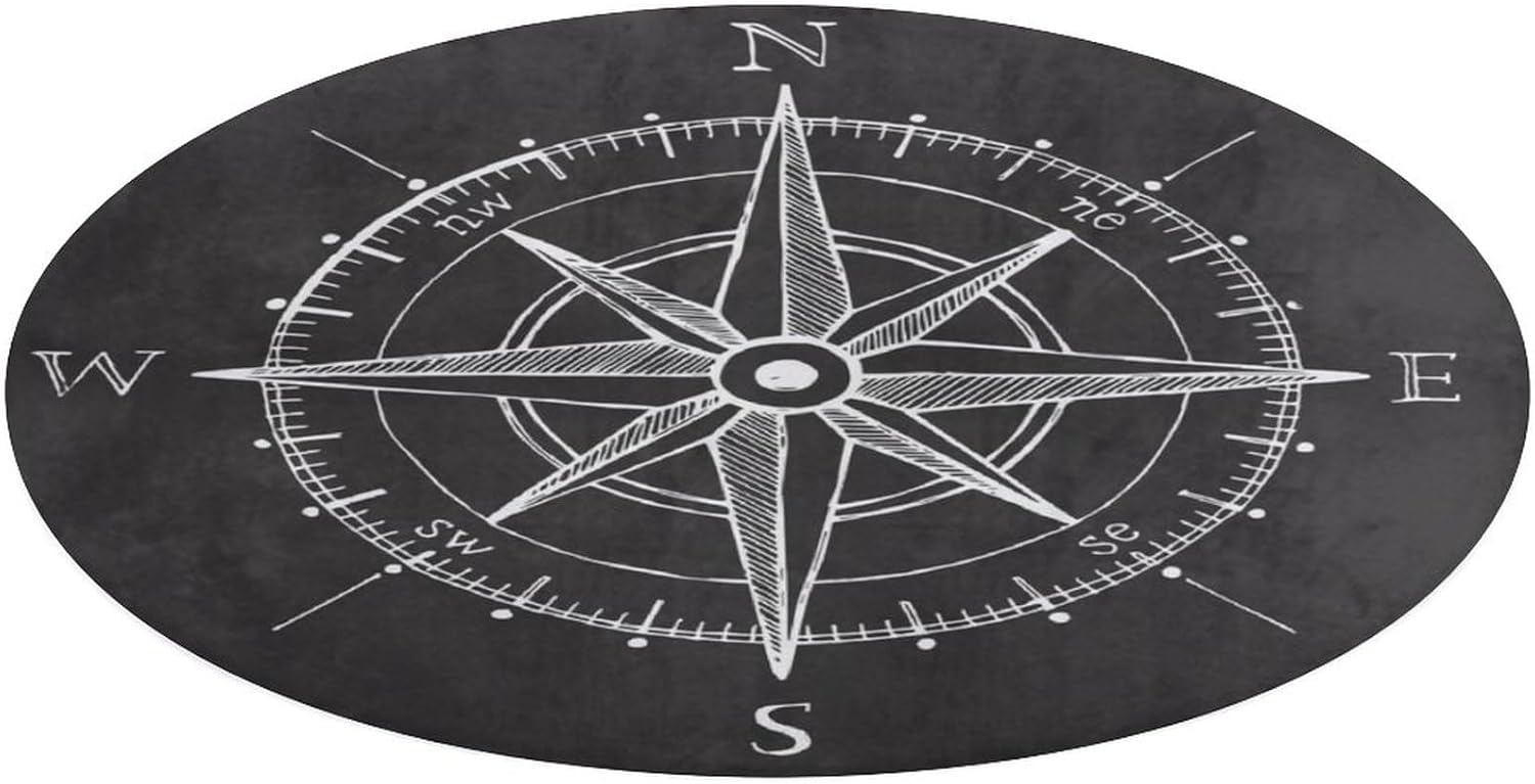 HoaMoya Alfombra redonda de brújula de viento negro con brújula redonda de viaje para baño, dormitorio, cocina, alfombra antideslizante de 3 pies