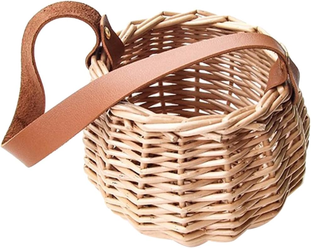 Cestas tejidas de mimbre con mango de cuero, cestas de flores para niñas, cesta de almacenamiento de dulces para boda, fiesta, decoración del hogar