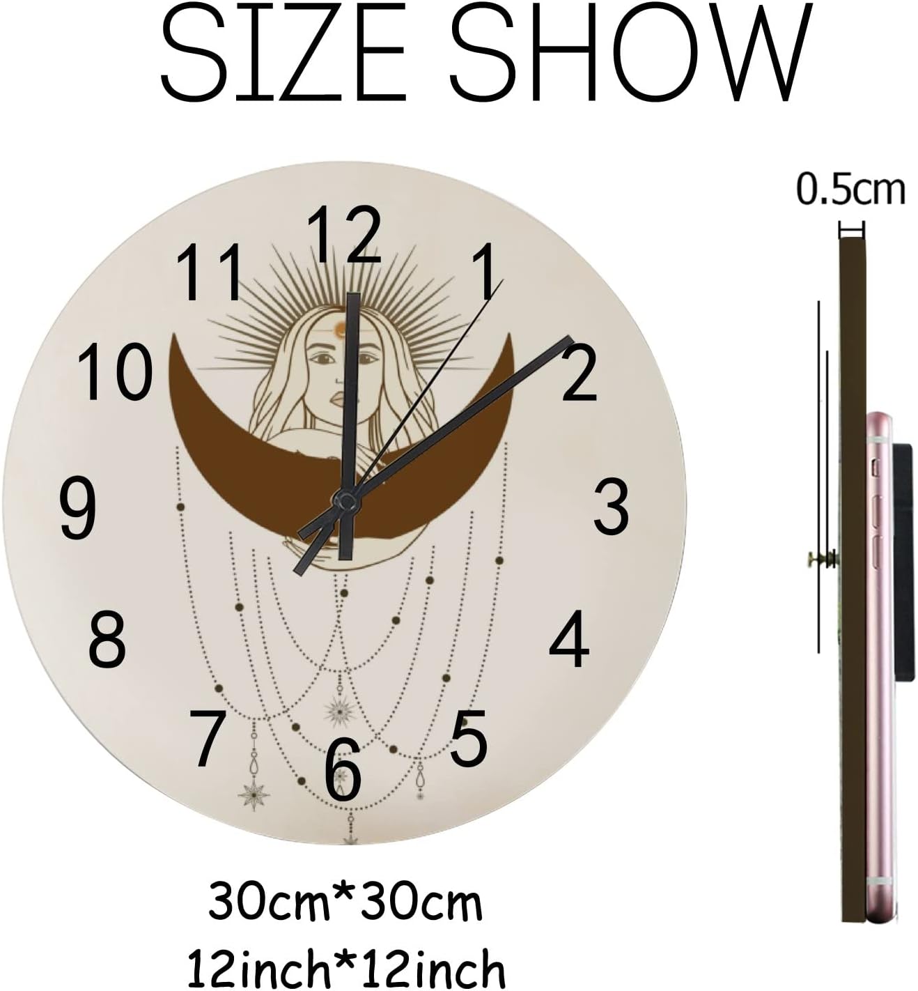 Reloj de pared de madera con pilas, silencioso, sin tictac, dibujado a mano, mujer mística, sol, luna, estrella, reloj redondo y preciso, sala de
