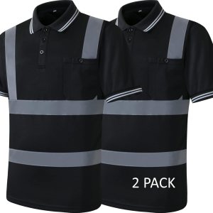 HATAUNKI Paquete de 2 polos de seguridad negros con reflejo retro, camisa de manga corta para trabajos de construcción de alta visibilidad, ANSIISEA HATAUNKI Paquete de 2 polos de seguridad negros con reflejo retro, camisa de manga corta para trabajos de construcción de alta visibilidad, ANSIISEA