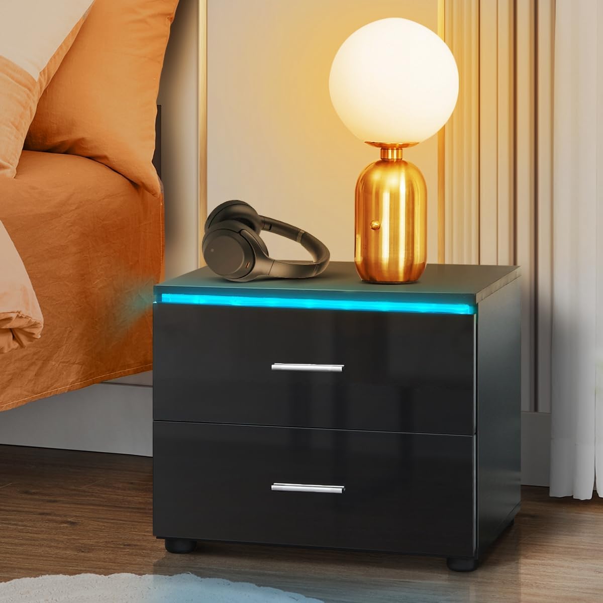 HOMMPA Mesita de noche pequeña con 2 cajones, mesita de noche LED negra, mesita de noche moderna con luz LED para dormitorio de niños, mesa de noche