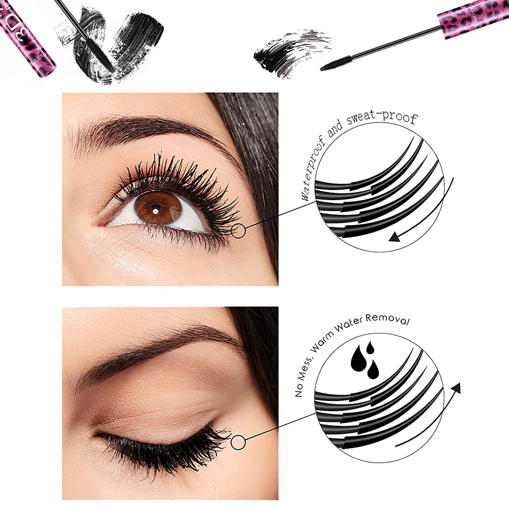 Máscara de pestañas de fibra de seda 4D con delineador de ojos de 3 colores. Serie leopardo 4 en 1. Natural impermeable y a prueba de sudor.