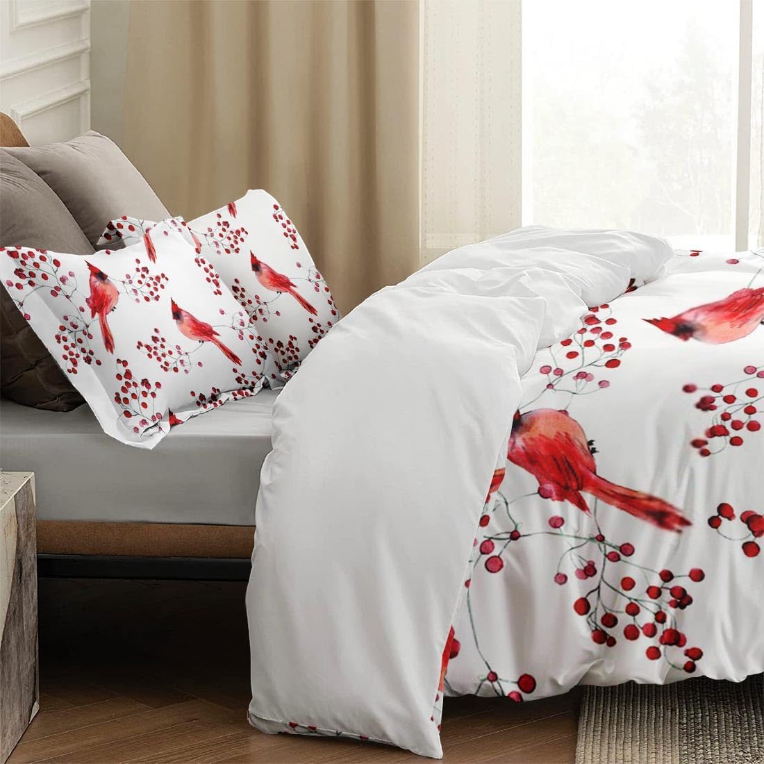 Juego de funda de edredón, bonito juego de ropa de cama de invierno con pájaros cardenales para niños y adultos, decoración de dormitorio, juego de