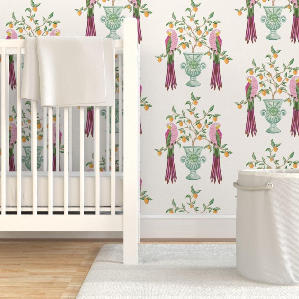 Spoonflower Muestro de papel tapiz extraíble  Pájaros botánicos Loro tropical Cítricos Floral Caprichoso vid Hojas Naranja Limón Italiano Papel