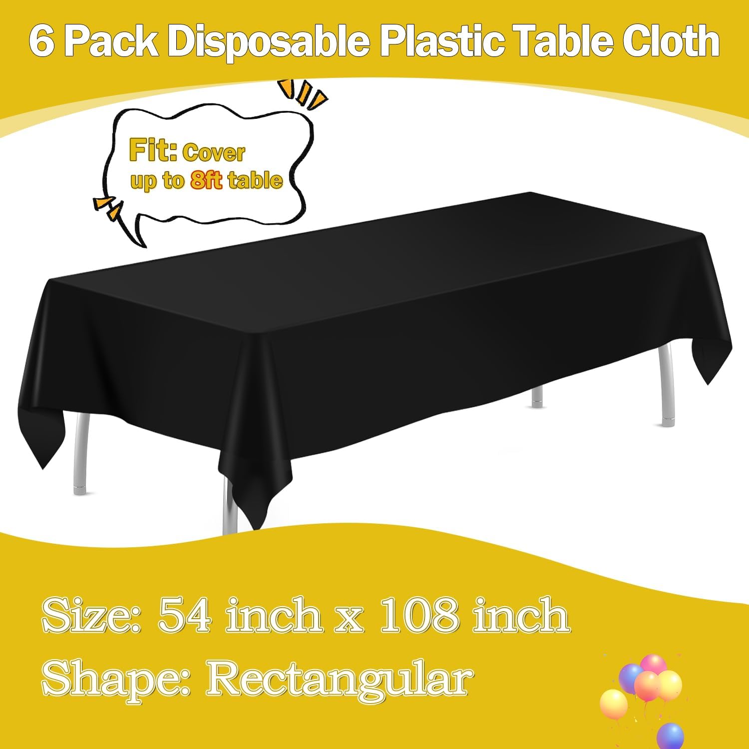 Paquete de 6 manteles de plástico desechables rectangulares de 54 x 108 pulgadas, manteles de plástico negros para fiestas