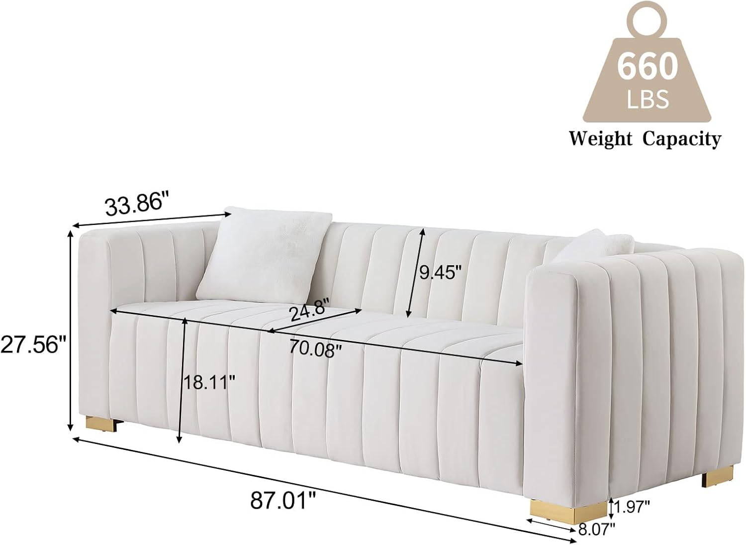KIVENJAJA Sofá de 3 plazas de terciopelo capitonado con canal con 2 almohadas, brazos cuadrados y patas de metal dorado para sala de estar,