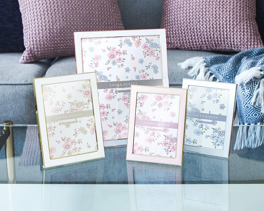 Laura Ashley Marco de fotos esmaltado rosa de 5 x 7 pulgadas, borde de metal dorado con caballete, para encimera, encimera, exhibidor de mesa,