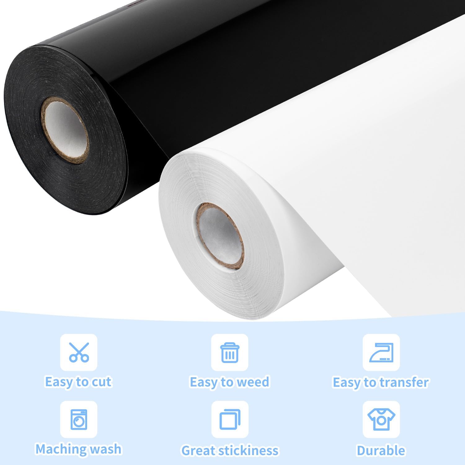 Vinilo de transferencia de calor, rollo de vinilo para planchar en blanco y negro de 12 pulgadas x 50 pies para camisas, vinilo HTV para Silhouette