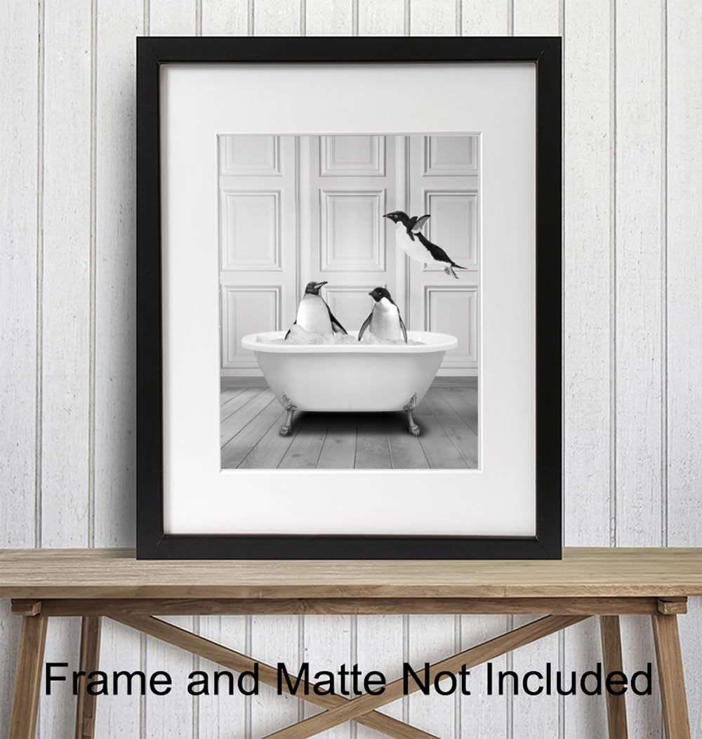 Cute Penguin Bathroom Wall Art LARGE 11×14 – Funny Black Bathroom Decor – Unique Bathroom Wall Decor – Guest Bathroom Art – Powder room Wall Art –