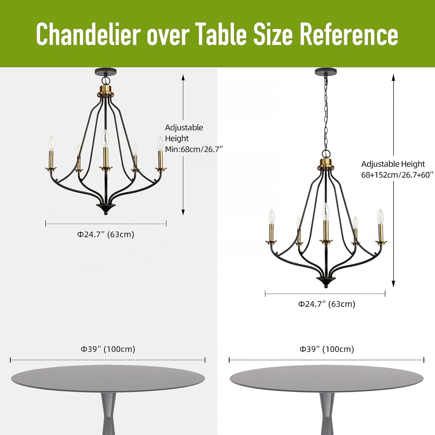 Candelabro de 5 luces color negro mate y latón, 25 pulgadas, color dorado cepillado, iluminación colgante moderna para isla de cocina, comedor y