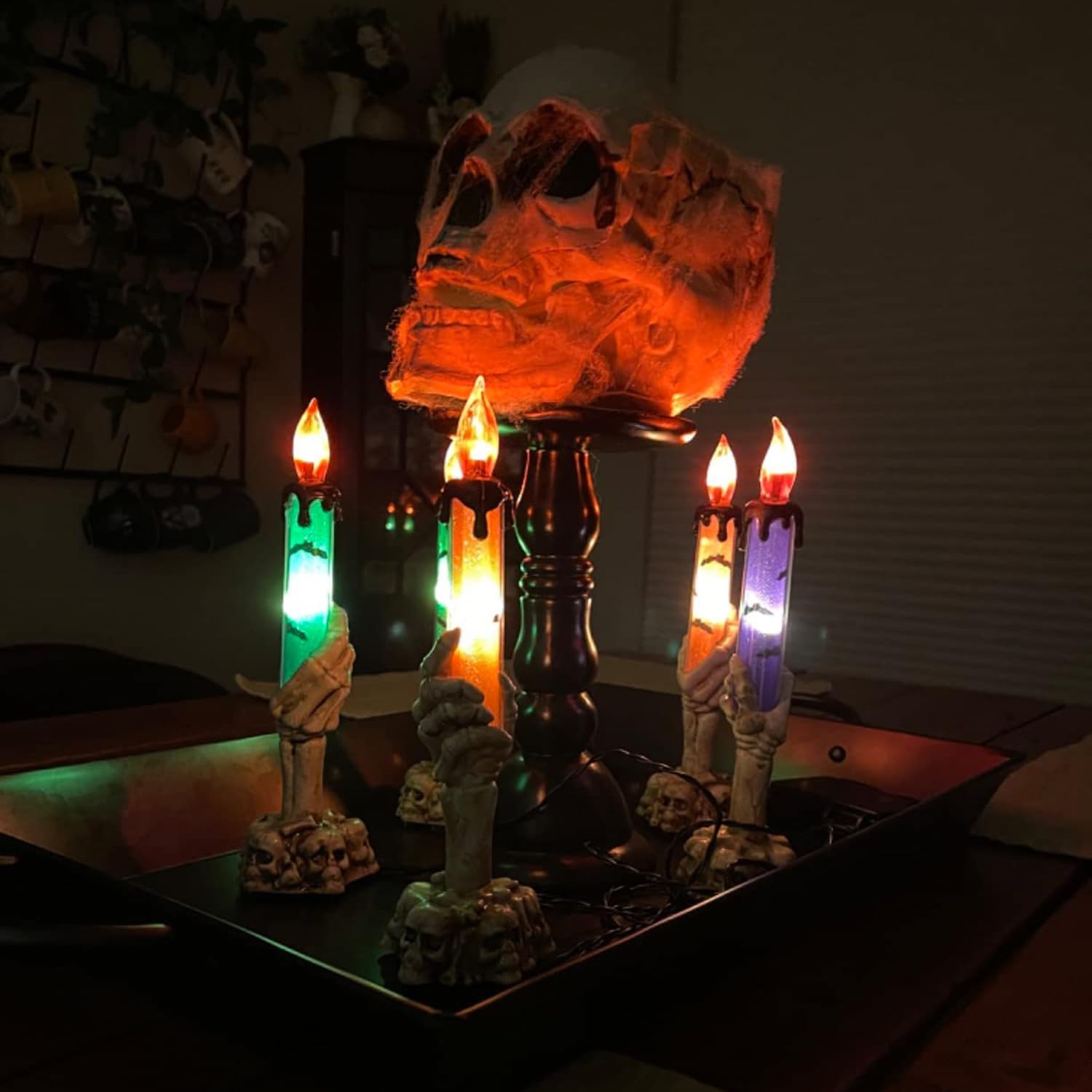 Decoración de luces de jardín de Halloween, paquete de 5 velas de mesa con mano de fantasma de esqueleto, estacas iluminadas para patio para