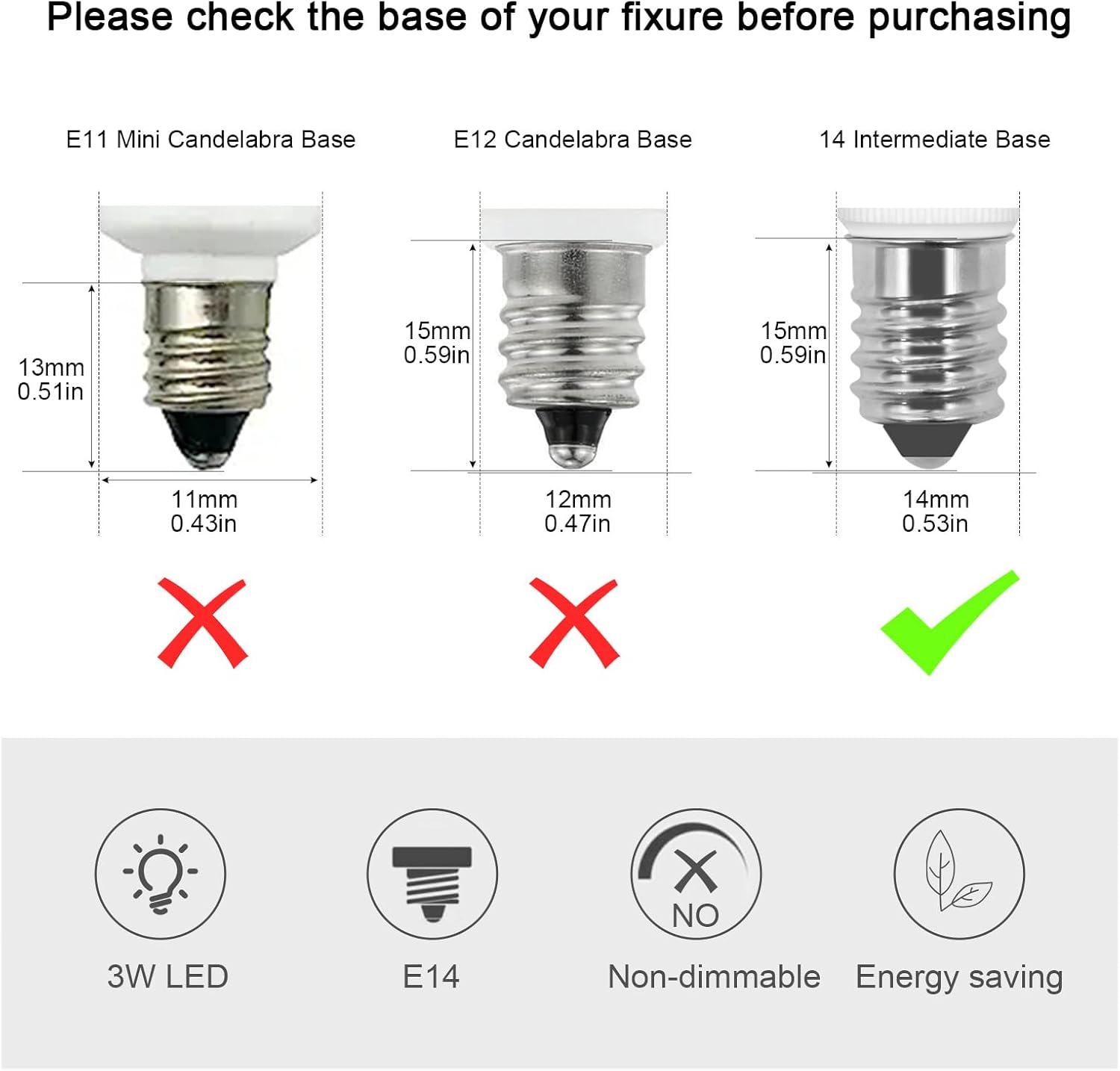 Bombilla LED E14 equivalente a 3 W, bombilla incandescente de 30 W, bombilla de base europea E14, CA 120 V blanco cálido 3000 K, no regulable,