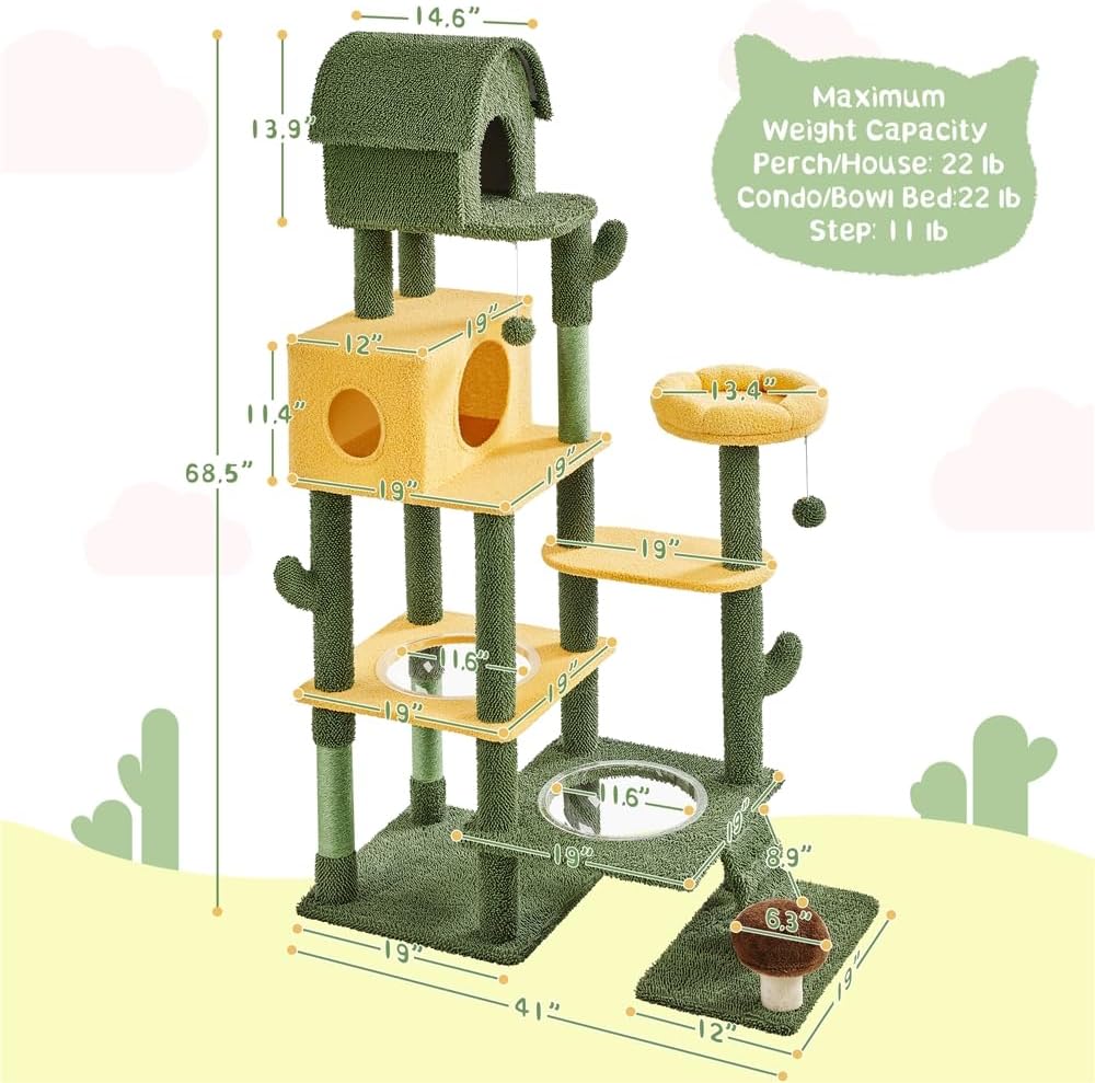 Yaheetech Árbol de cactus para gatos, torre para gatos con temática de oasis de 68.5 pulgadas de alto para gatos de interior, casa de juegos