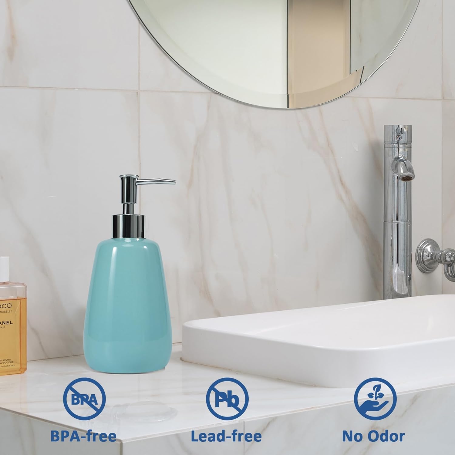 Botellas de cerámica dispensadoras de jabón de mano cian con elegante bomba superior baño botellas de champú vacías 10 oz10.1 fl oz