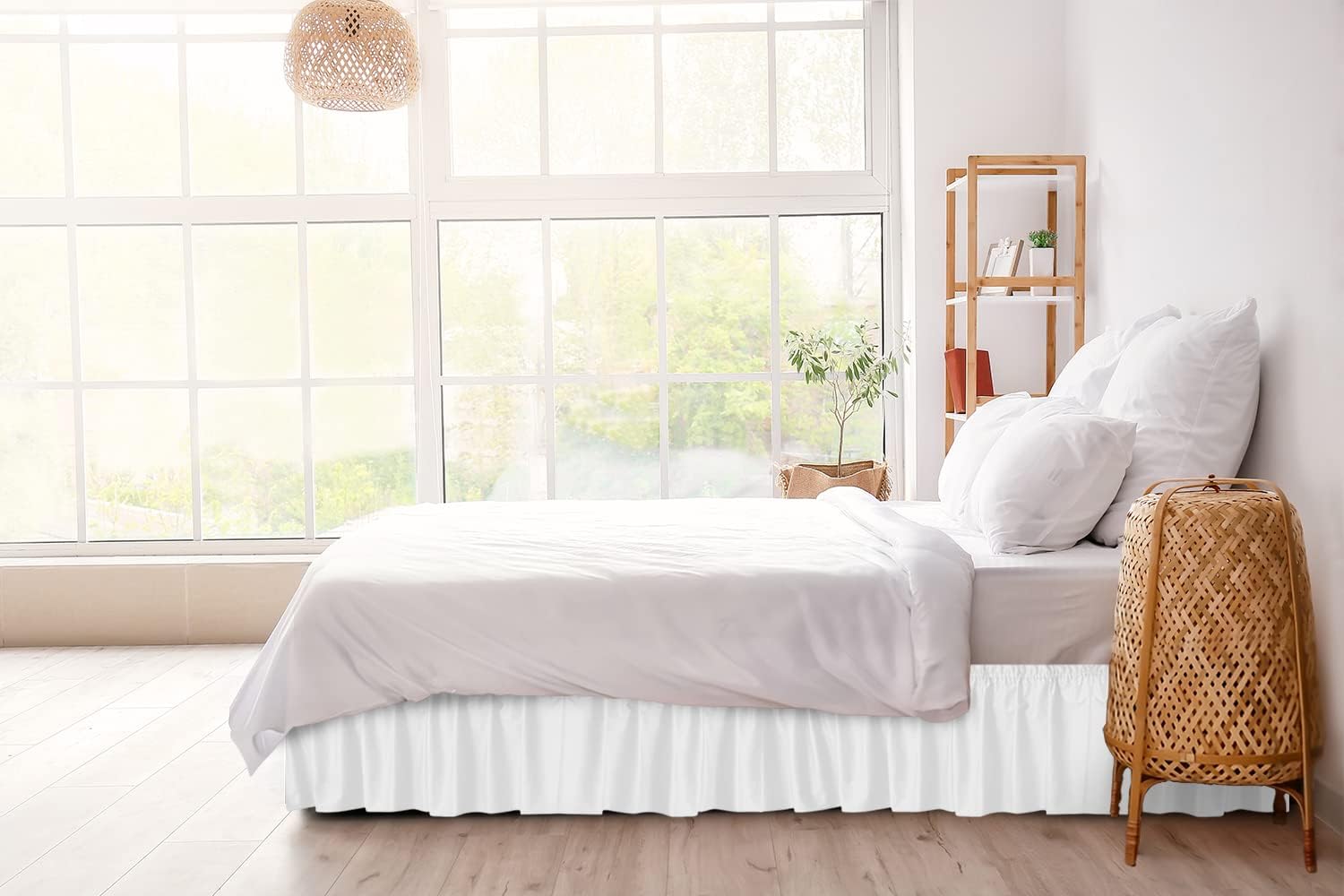 CGK Linens – Falda de cama envolvente con volantes, color blanco, para camas de tamaño Queen con caída de 12 pulgadas, correa elástica de fácil