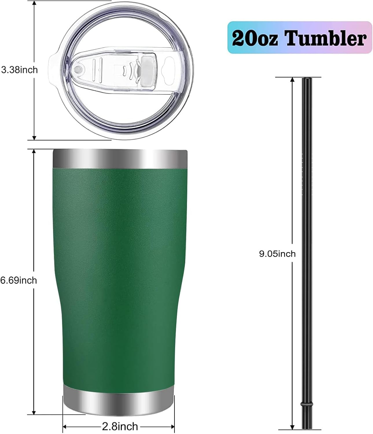 VEGOND Vaso de acero inoxidable de 20 onzas con tapa y popote aislado al vacío, taza de café de viaje de doble pared (verde oscuro, paquete 12)