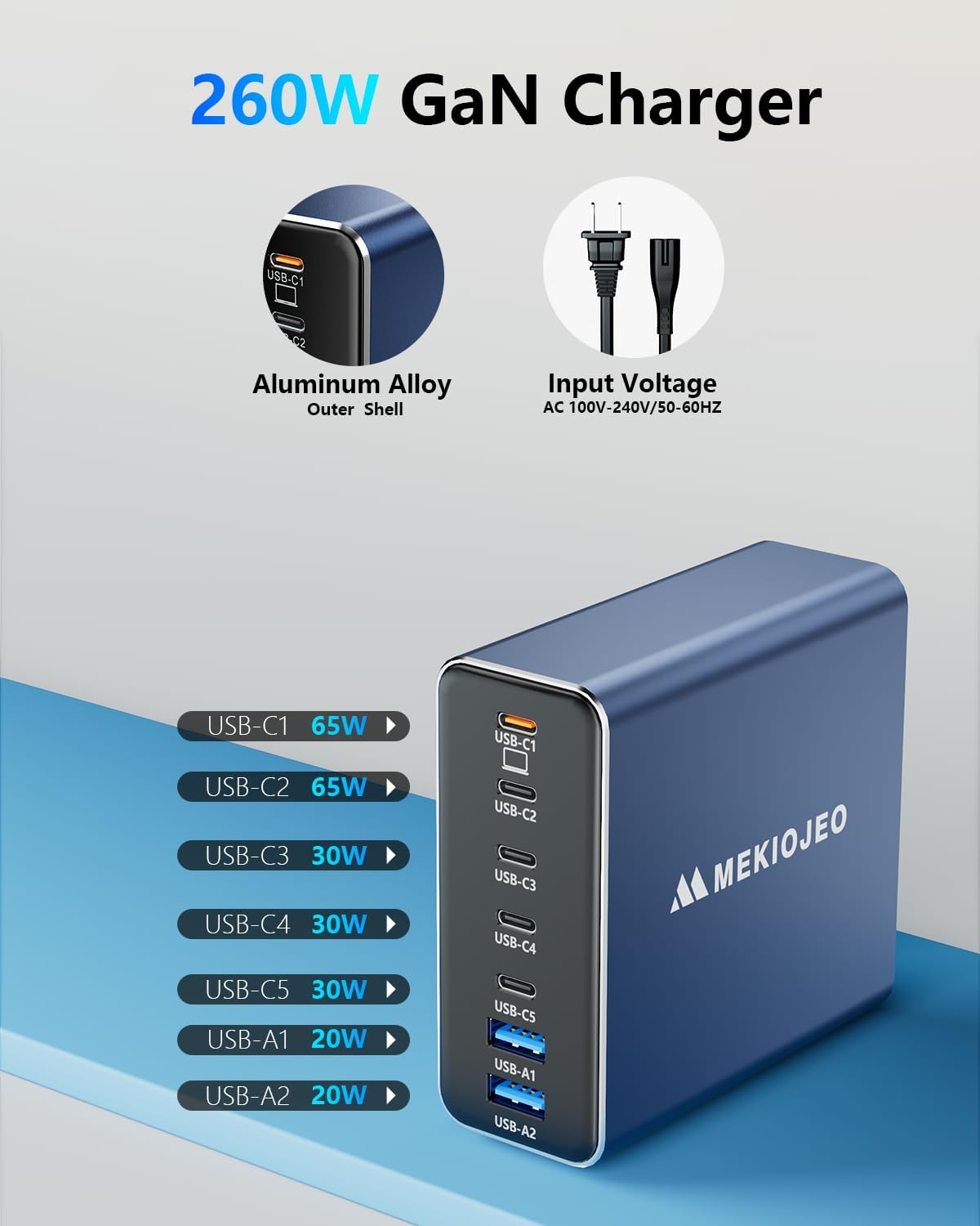 Cargador USB C de aleación de aluminio Cargador GaN Estación de carga rápida USB C 7 puertos 65W Cargador portátil para MacBook ProAiriPad ProiPhone