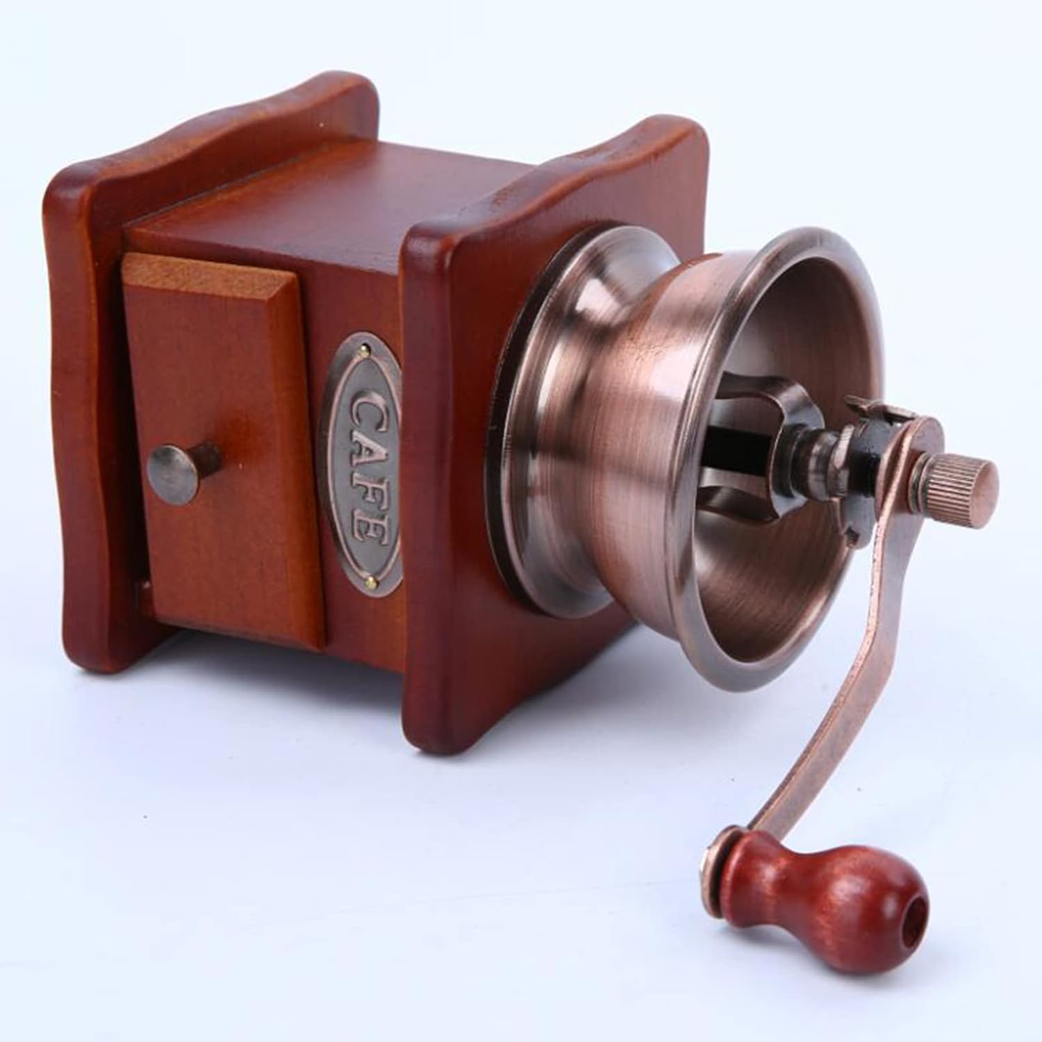 Molinillo de café manual antiguo, molinillo de grano de café vintage de mano con rebabas cónicas de madera, molinillo de café de 4 x 4 pulgadas,