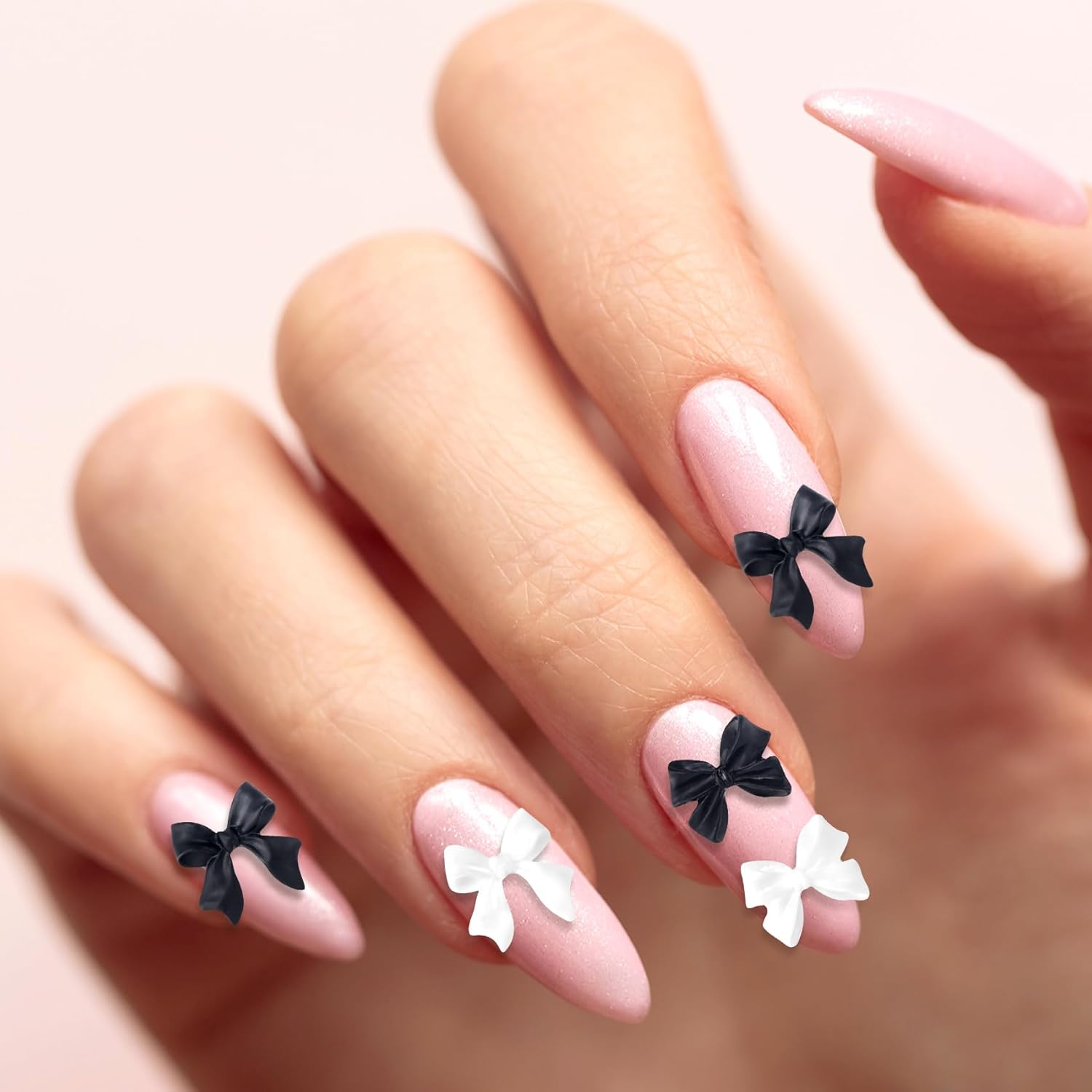 HINZIC 280 lazos de uñas 3D, lazo blanco y negro, lindo dije de mariposa de resina, perlas acrílicas para uñas, diamantes de imitación, decoración