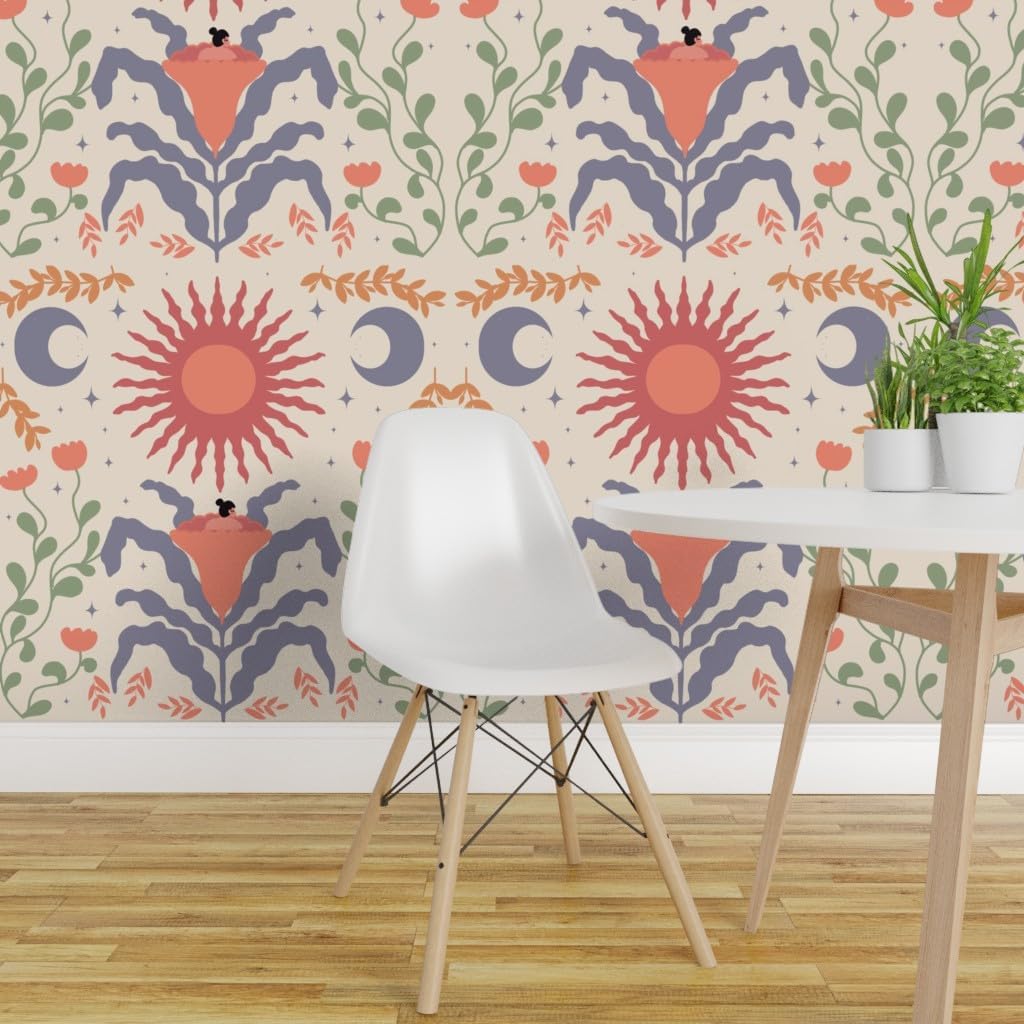 Spoonflower Muestro de papel tapiz extraíble – Estrella moderna abstracta Sol Luna Geométrico Boho Celestial personalizado pre-pegado papel pintado