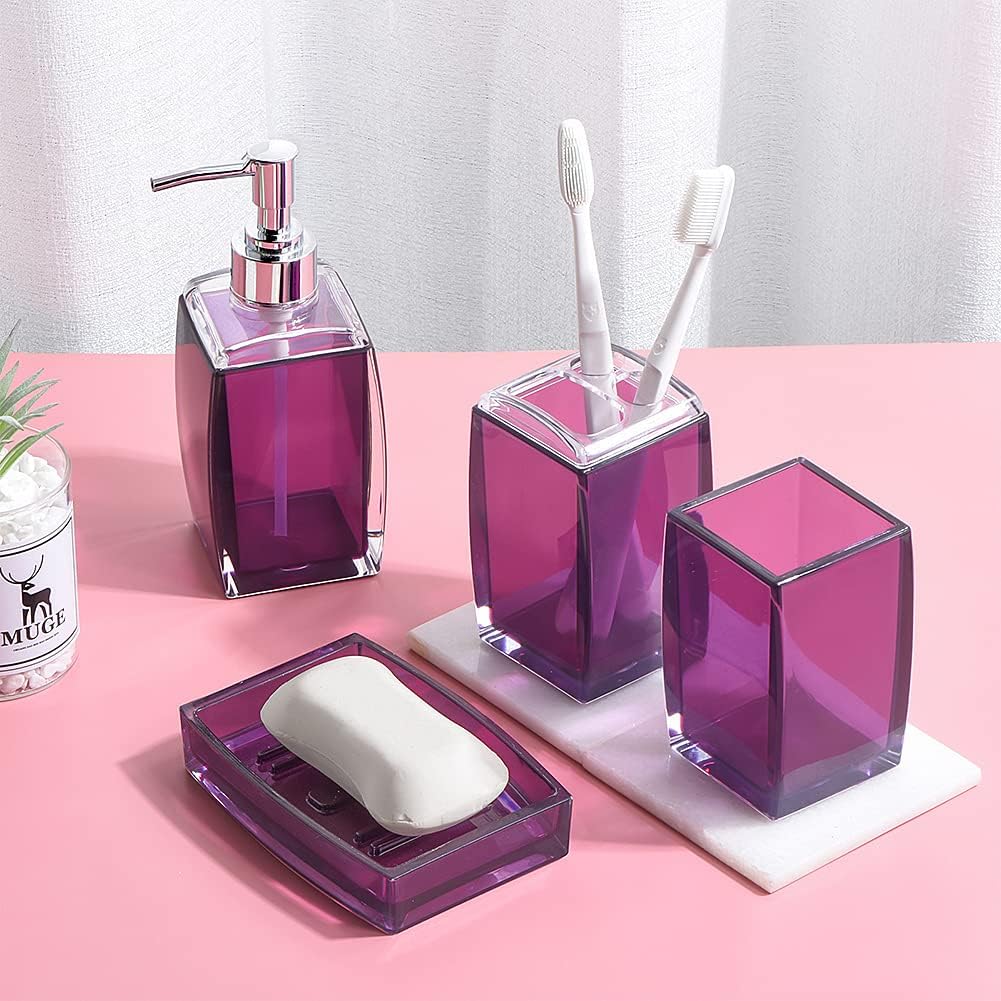 Yueranhu Juego de accesorios de baño morados, juego de regalo de decoración de baño acrílico de 4 piezas, soporte para cepillos de dientes, vaso
