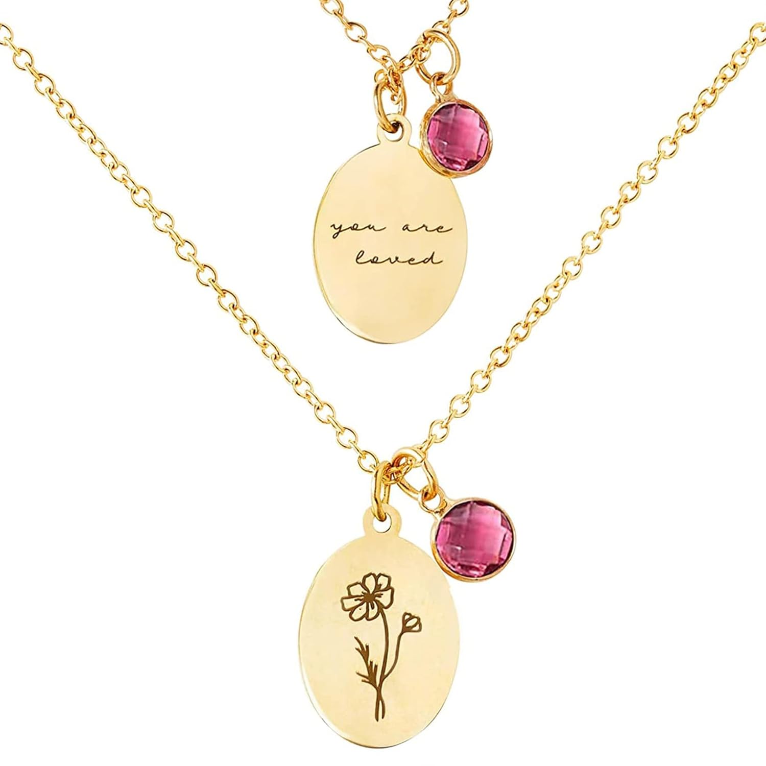 Birth Flower Necklaces for Women Trendy, 18K Gold Plated Dainty Birthstone Pendant Necklace Handmade Oval Coin Birthday Gifts for Women Girls Teens