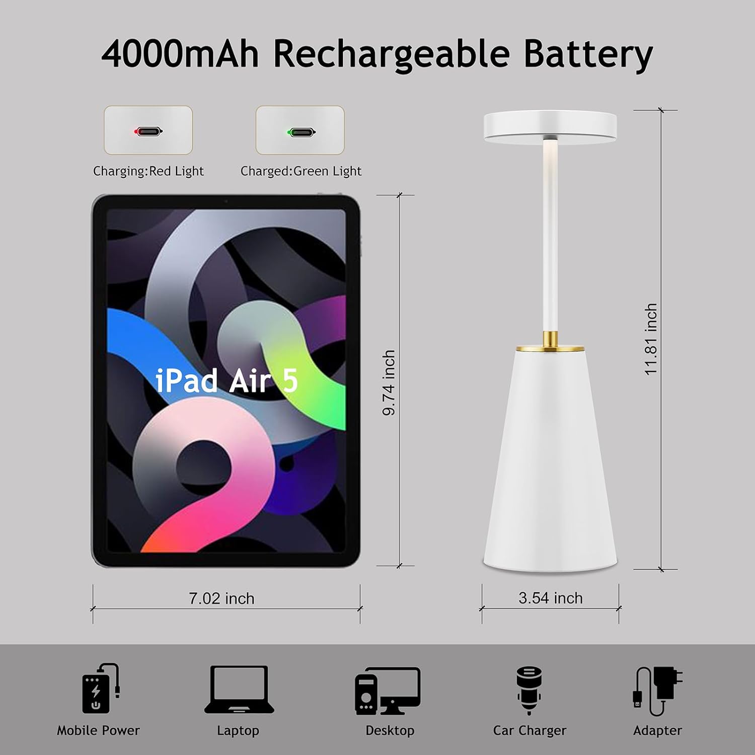 Lámpara de mesa para mesita de noche, inalámbrica, 3 colores, regulable, recargable por USB, lámpara de escritorio con batería de 4000 mAh, luces de