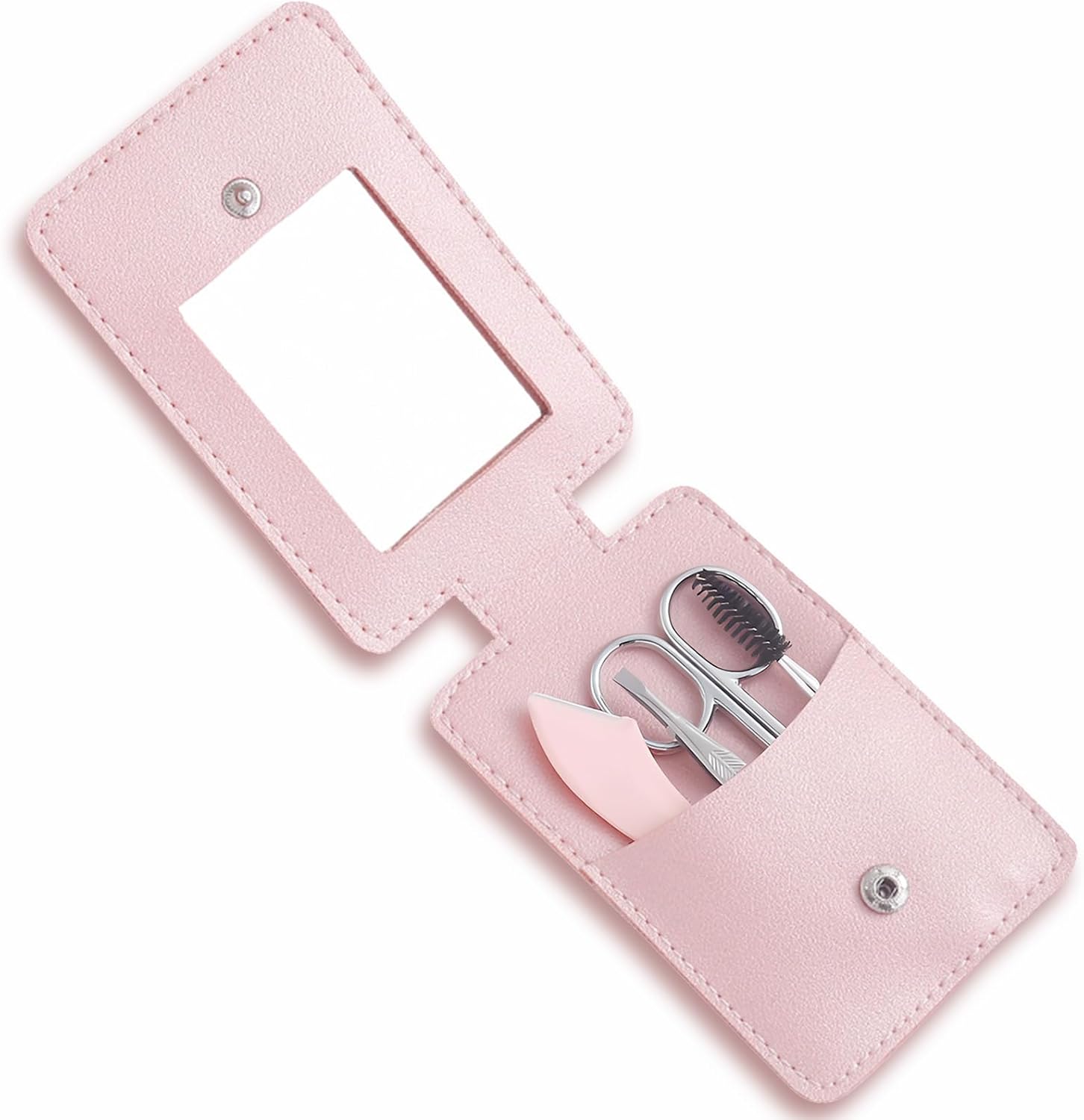 Kit de recortador de cejas, juego 5 en 1 con tijeras para cejas, maquinilla de afeitar, pinzas, cepillo y espejo para mujer, incluye bolsa de cuero