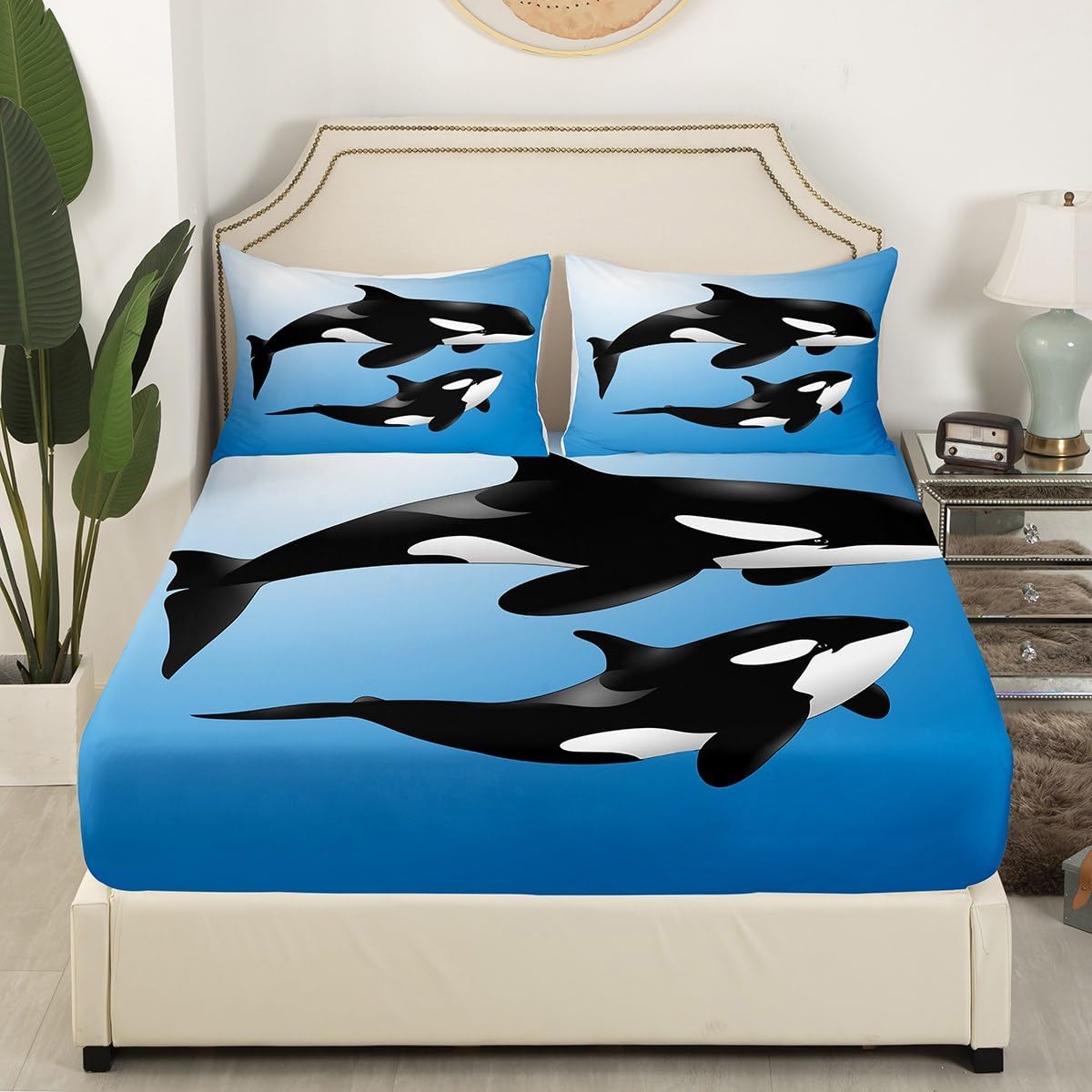 Juego de sábanas de ballena oceánica, juego de ropa de cama de orcas con animales de mar profundo, juego de sábanas hawaianas con bolsillo profundo
