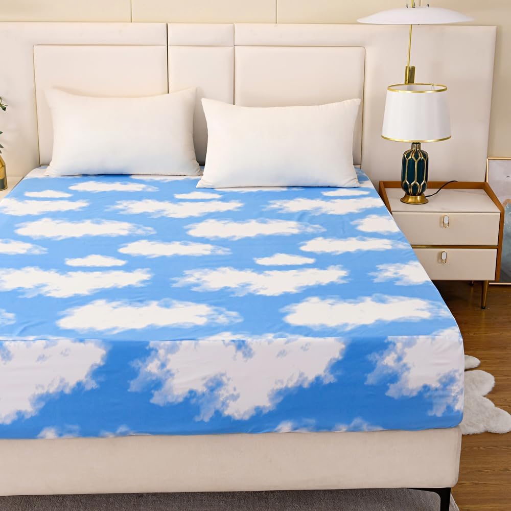 NATURETY Sábana bajera ajustable con bolsillo profundo para cama individual, sábanas de tela con estampado de nube blanca (azul cielo, individual)