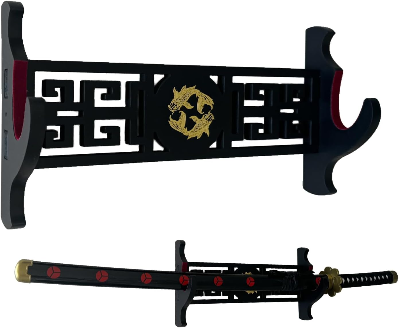 Katana – Soporte de pared para espada de terciopelo de 1 nivel, patrones de peces dorados, soporte acolchado de espada samurái, soporte de espada