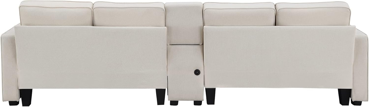 SIYSNKSI Moderno sofá multifuncional con mesa auxiliar almacenable y 2 portavasos, sofá tapizado de tela de 4 asientos con 2 puertos USB con cable o