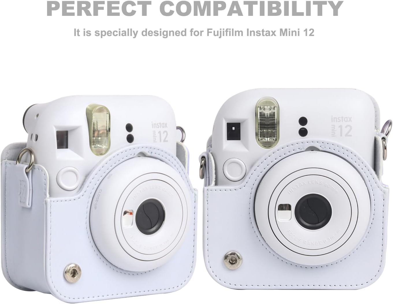 Funda para cámara instantánea Fuji Instax Mini 12 con correa de hombro ajustablemarco de fotos, calcomanía de dibujos animados (blanco arcilla)