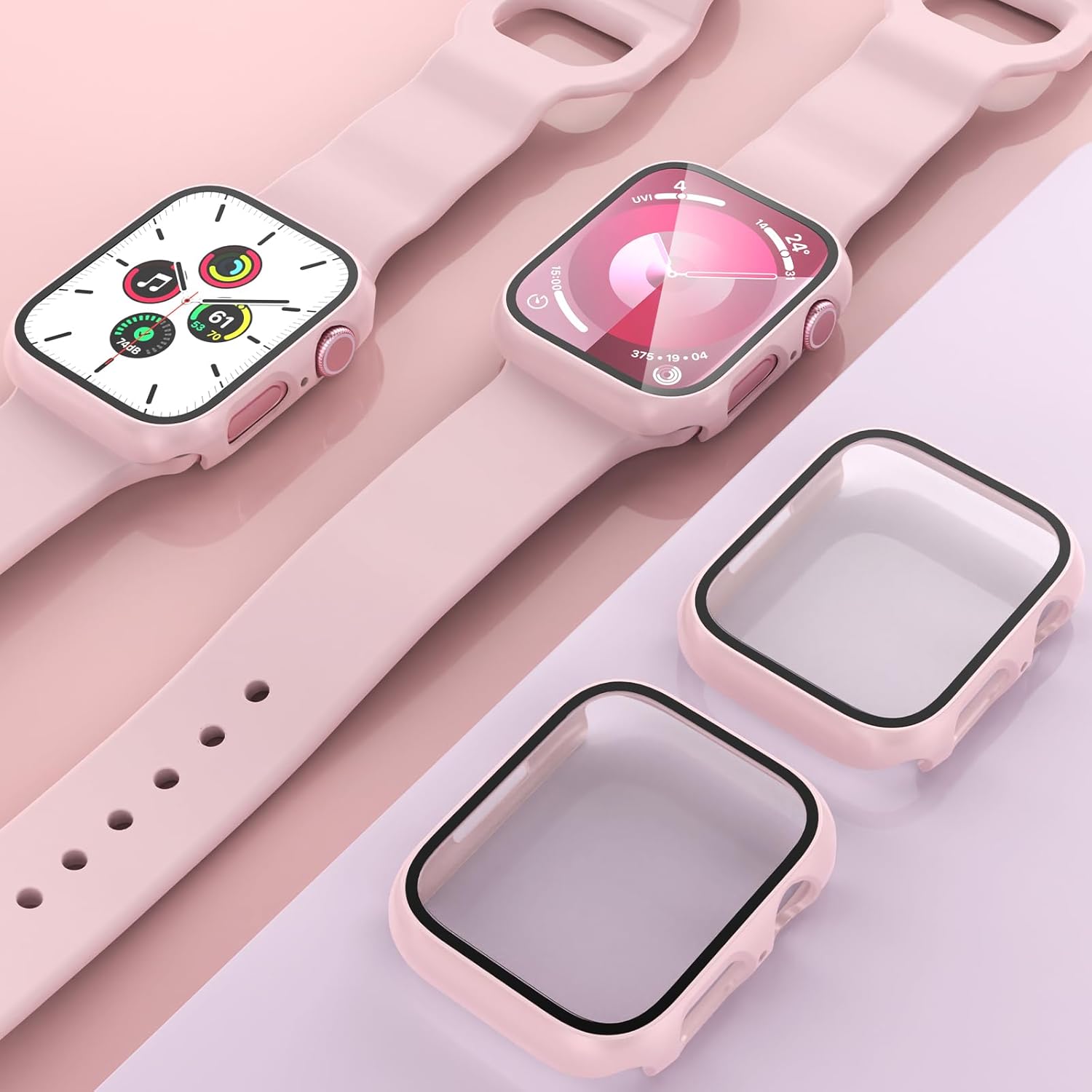 EWUONU – Juego de 2 fundas rígidas de policarbonato para Apple Watch Series 9 Series 87 de 1.772 pulgadas, protector de pantalla de vidrio templado,