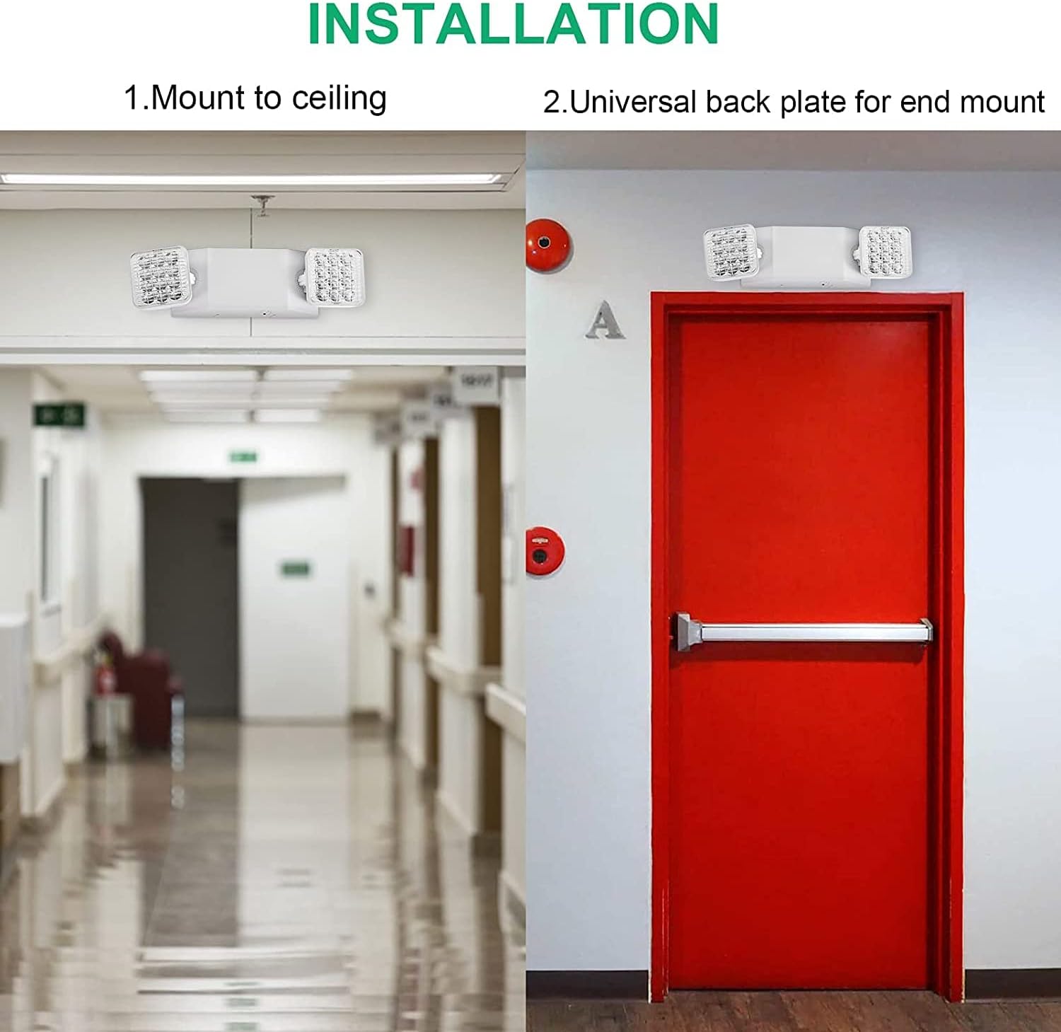 Luz de emergencia LED con batería de respaldo, dos cabezales LED ajustables, luz de emergencia comercial, 110-277 V CA, luz de emergencia con