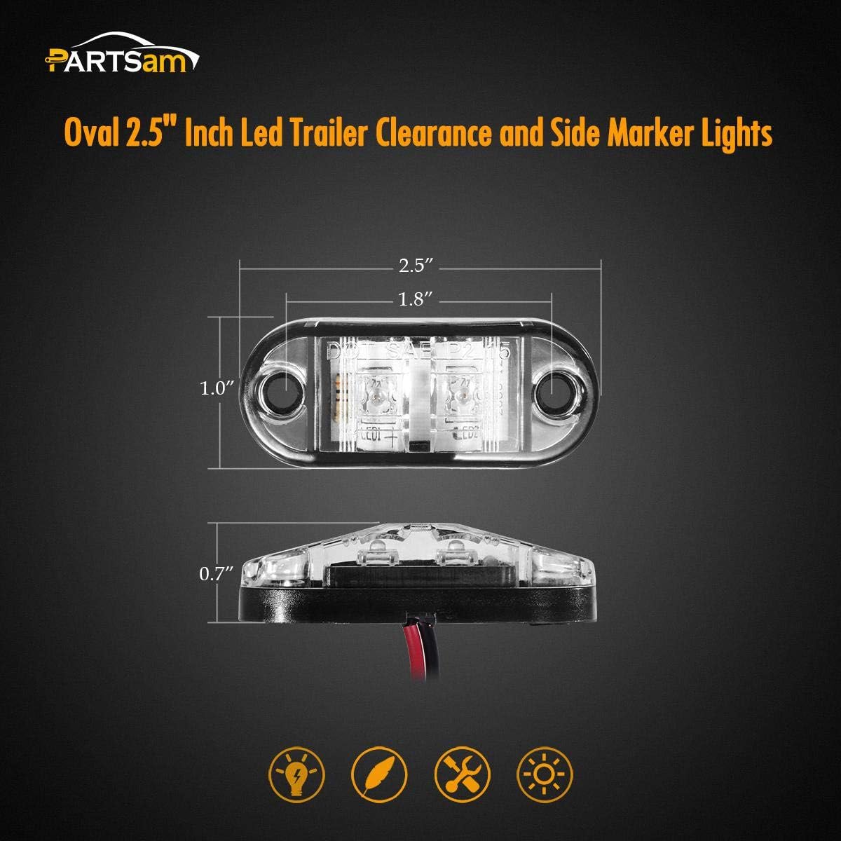 Partsam 4 luces LED ovaladas de 2.5 pulgadas, color ámbar, luces laterales, 2 diodos, lente transparente, montaje en superficie, remolque, barco,