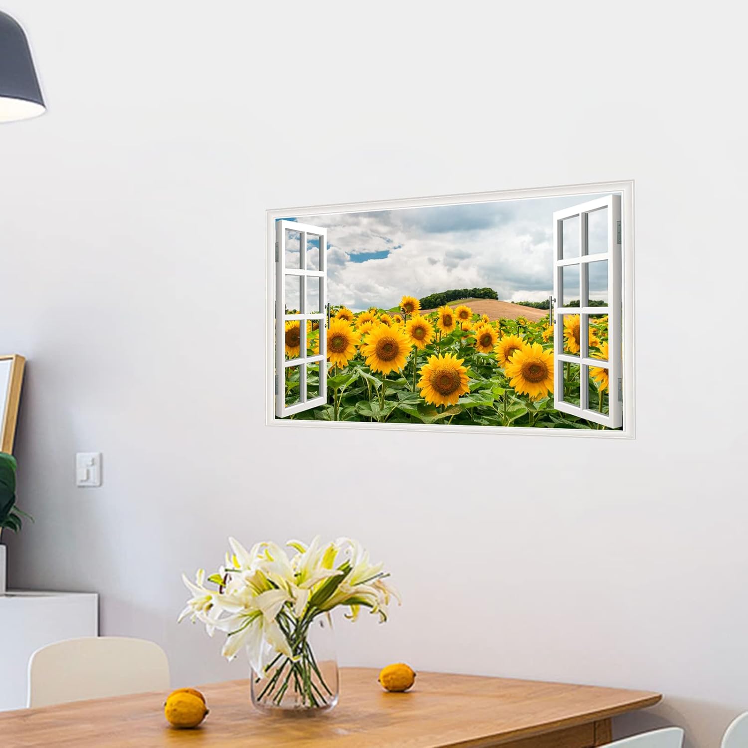 Adhesivo de pared de girasol, removible 3D, para ventanas falsas, vinilo autoadhesivo con girasol, para ventana, decoración de dormitorio, sala de