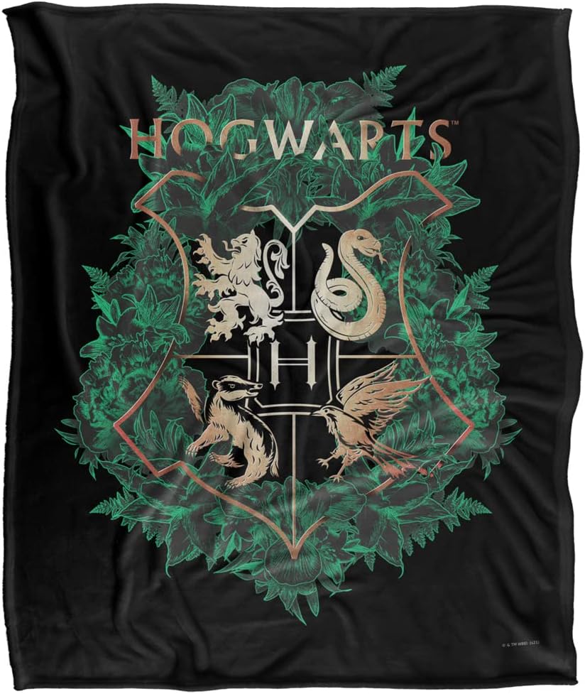Harry Potter Hogwarts – Manta con diseño floral verde y dorado con licencia oficial, tacto sedoso, súper suave, 50 x 60 pulgadas