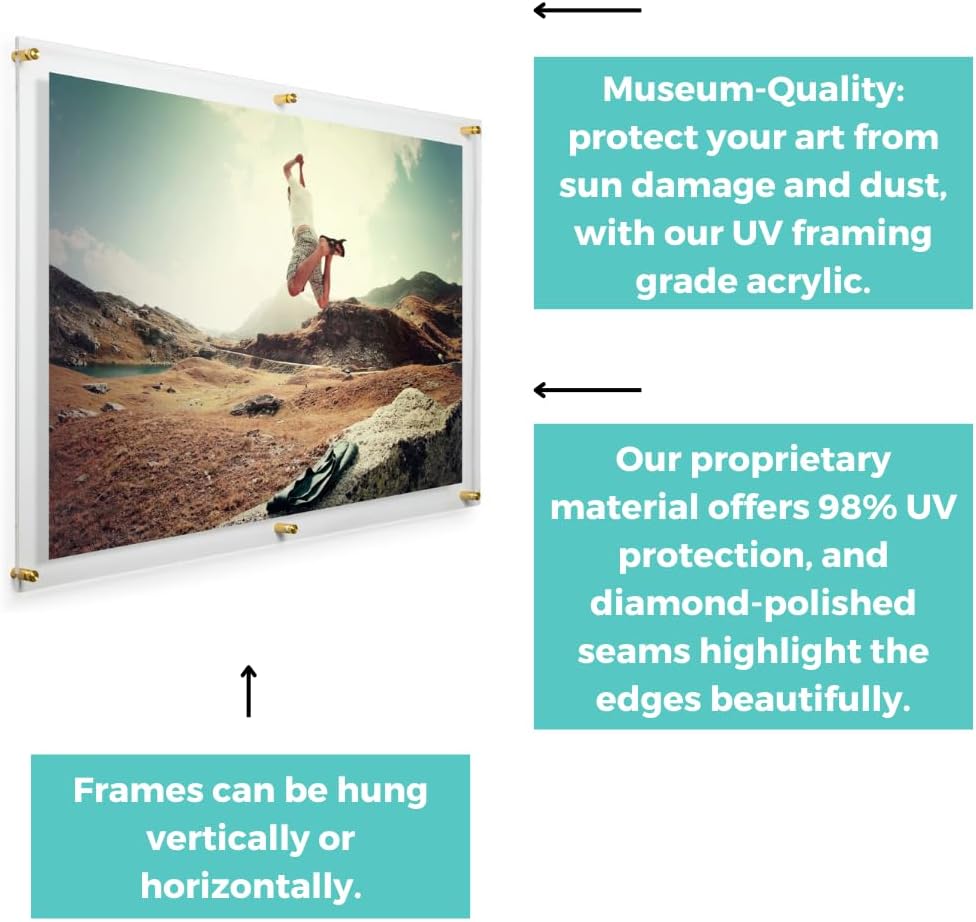 Wexel Art – Marco flotante acrílico de doble panel de 28 x 40 pulgadas para obras de arte y fotos de 24 x 36 pulgadas, con herrajes dorados