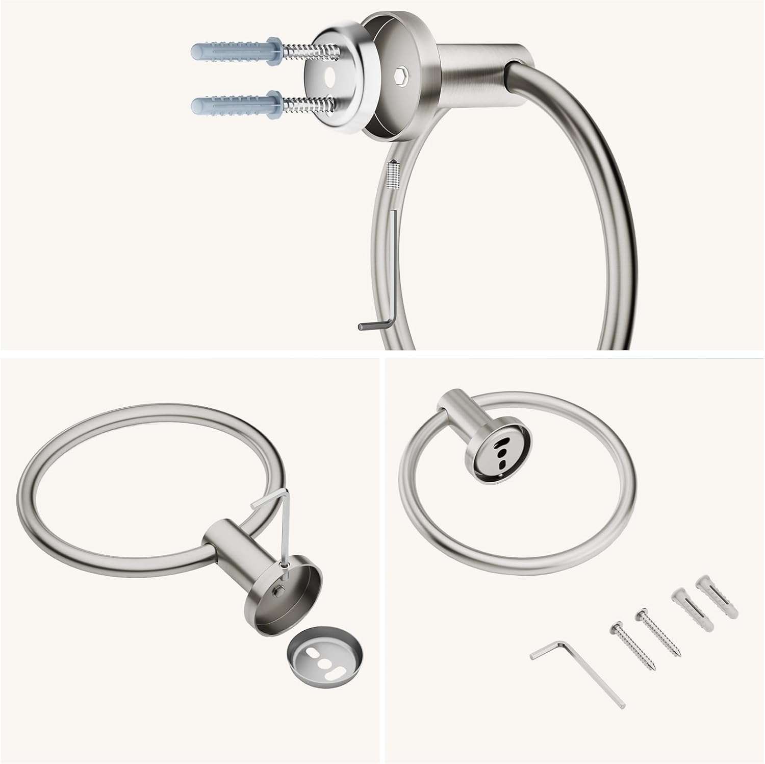 FORIOUS Paquete de 2 toallas de baño de níquel cepillado, soporte para toallas de mano de acero inoxidable SUS 304 montado en la pared, anillo de