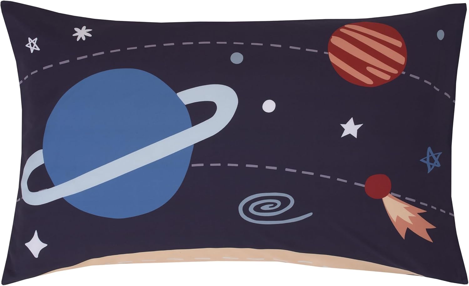 Everything Kids Solar System – Juego de ropa de cama infantil de 4 piezas, color azul marino, naranja y amarillo, edredón, sábana bajera ajustable,